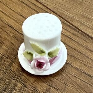 Enesco Porcelain Thimble Pink Rose White Hat Sewing Giftware Vintage Miniature